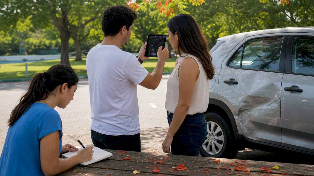 At-fault driver claim explained: your clear guide 2 Hands taking photos of car accident damage outdoors