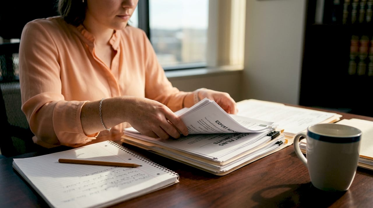 Hands arranging legal documents on desk