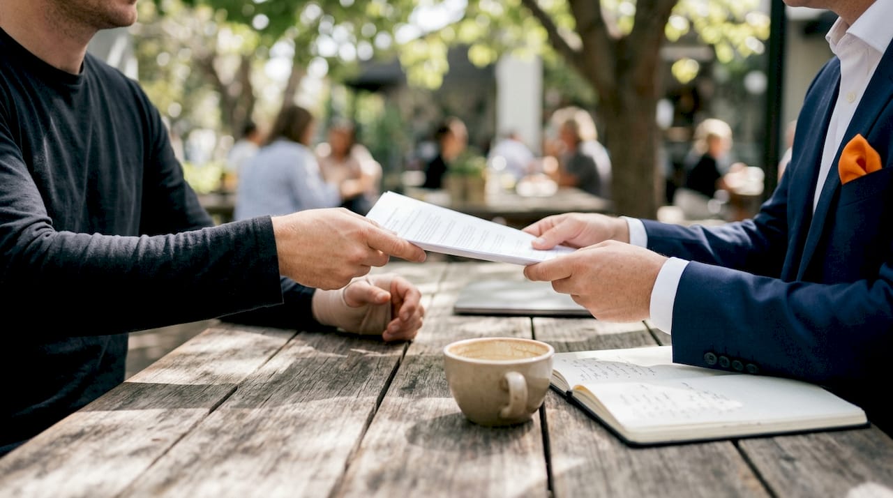Hands exchanging settlement papers during conciliation