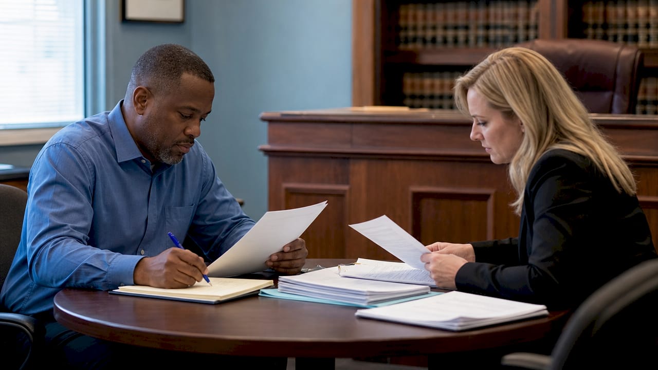 Claimant and adjuster preparing in hearing room