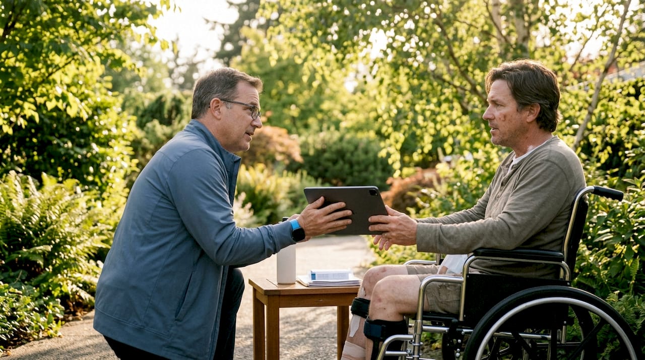 Case manager consulting with injured client
