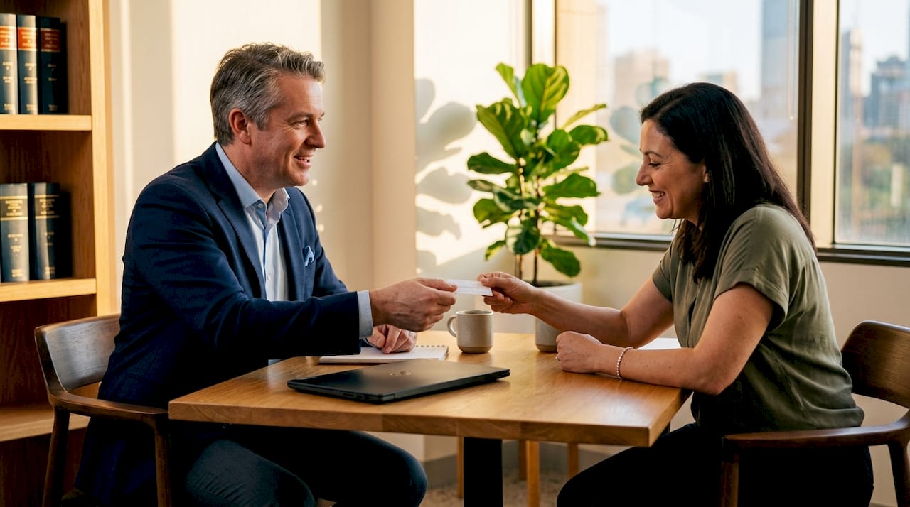 Hands exchanging business card in law office