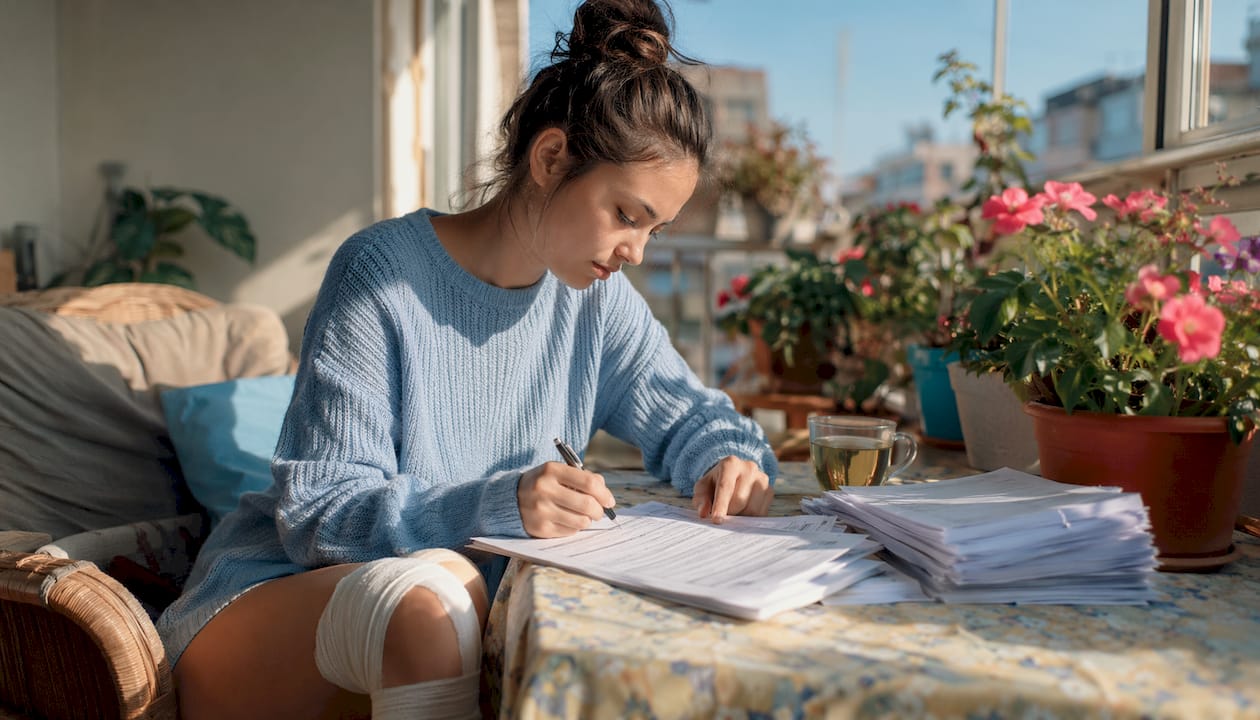 Motorcyclist completing income support paperwork