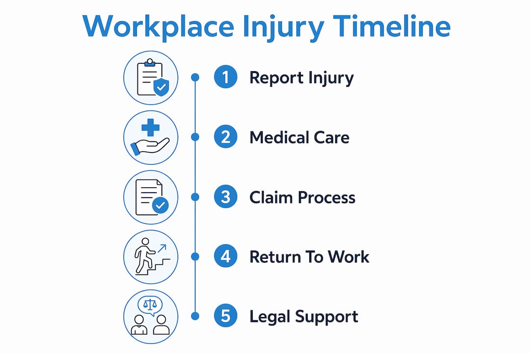 Workplace injury timeline: what to expect in 2026 2 Infographic showing workplace injury timeline steps