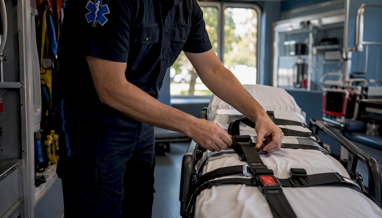 Workers comp medical expenses covered: what to claim 6 Paramedic securing stretcher safety belts in ambulance