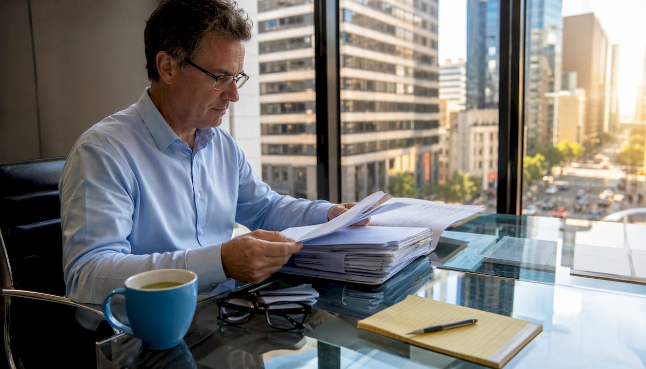 Claims assessor reviewing injury case files in office