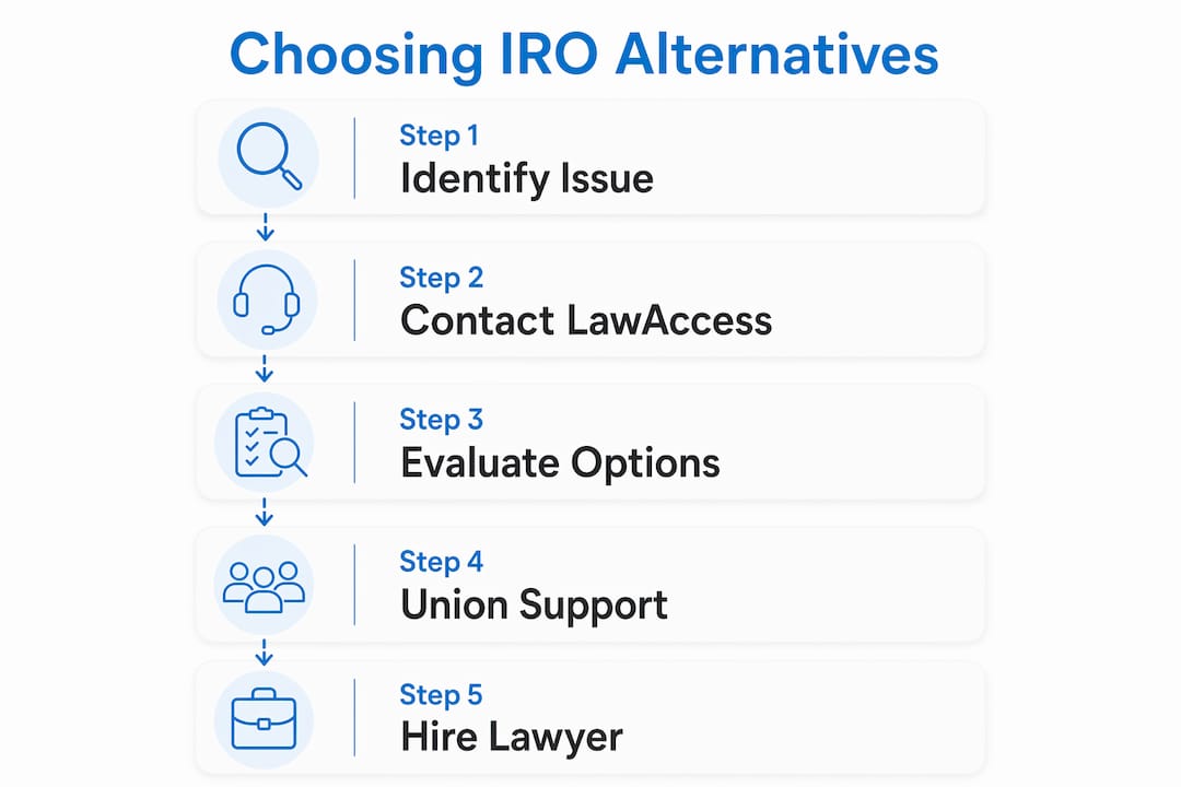 IRO alternatives for injured NSW workers: your guide 4 Infographic showing steps to choose workers compensation IRO alternatives