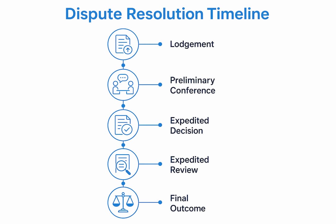 Infographic showing the dispute resolution timeline with steps from lodgement to final outcome
