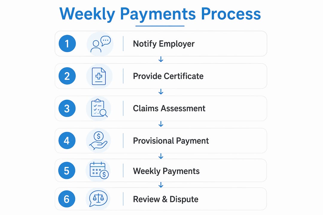 Workers comp weekly payments process: NSW guide for injured workers 4 Infographic outlining steps of workers compensation weekly payments