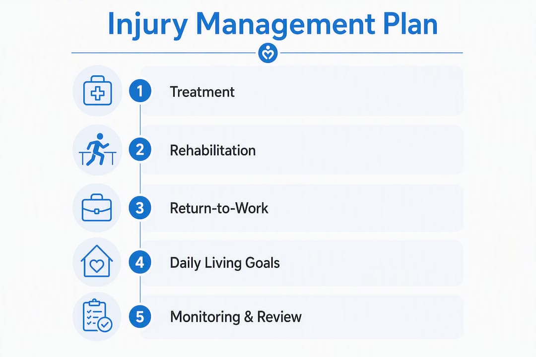 Infographic showing injury management plan key components in vertical flow
