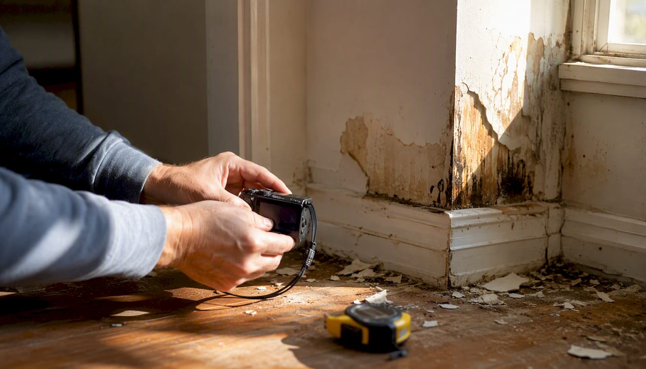 Camera placed by water-damaged floor in home