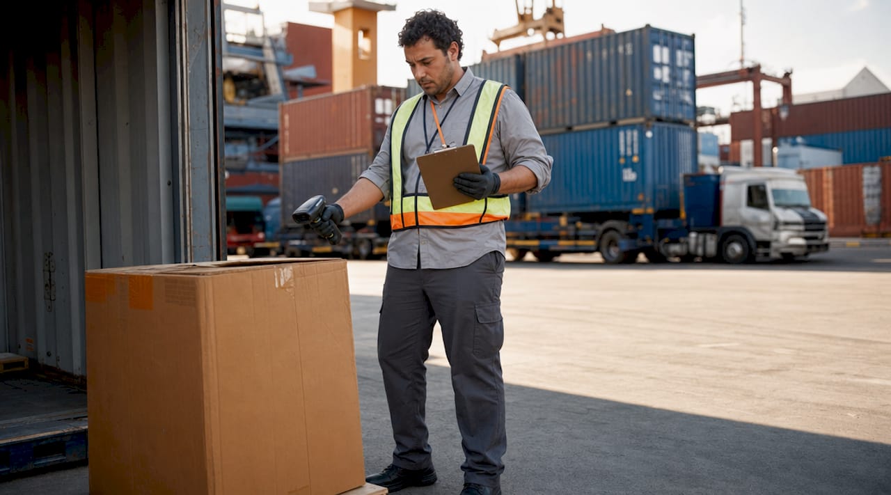 Customs inspector checking shipment in warehouse