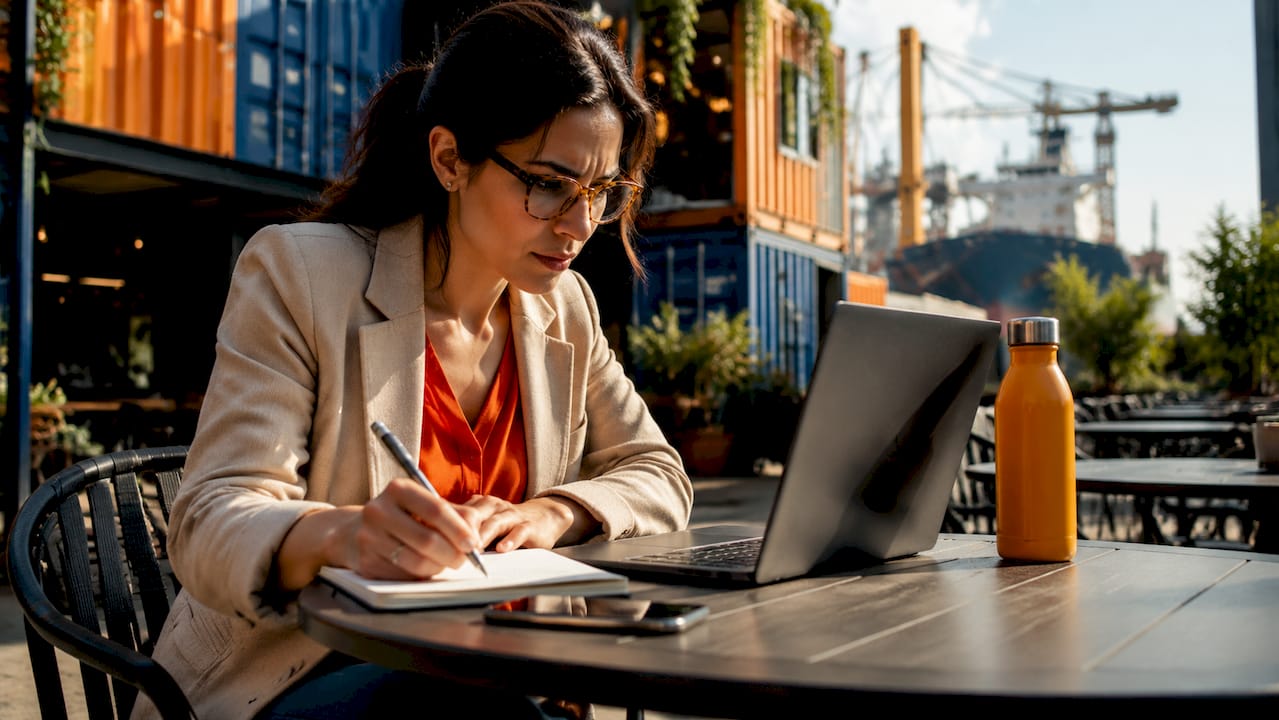 Supply chain analyst checking freight transit data on laptop