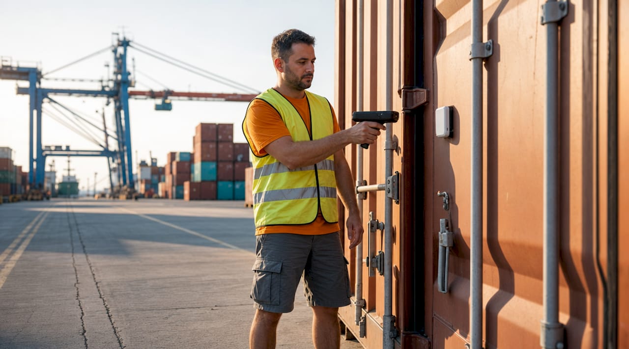 Technician placing RFID tag on container door