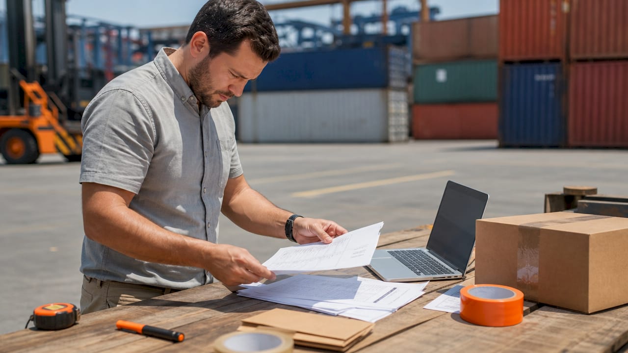 Logistics manager reviewing Amazon FBA shipment documents