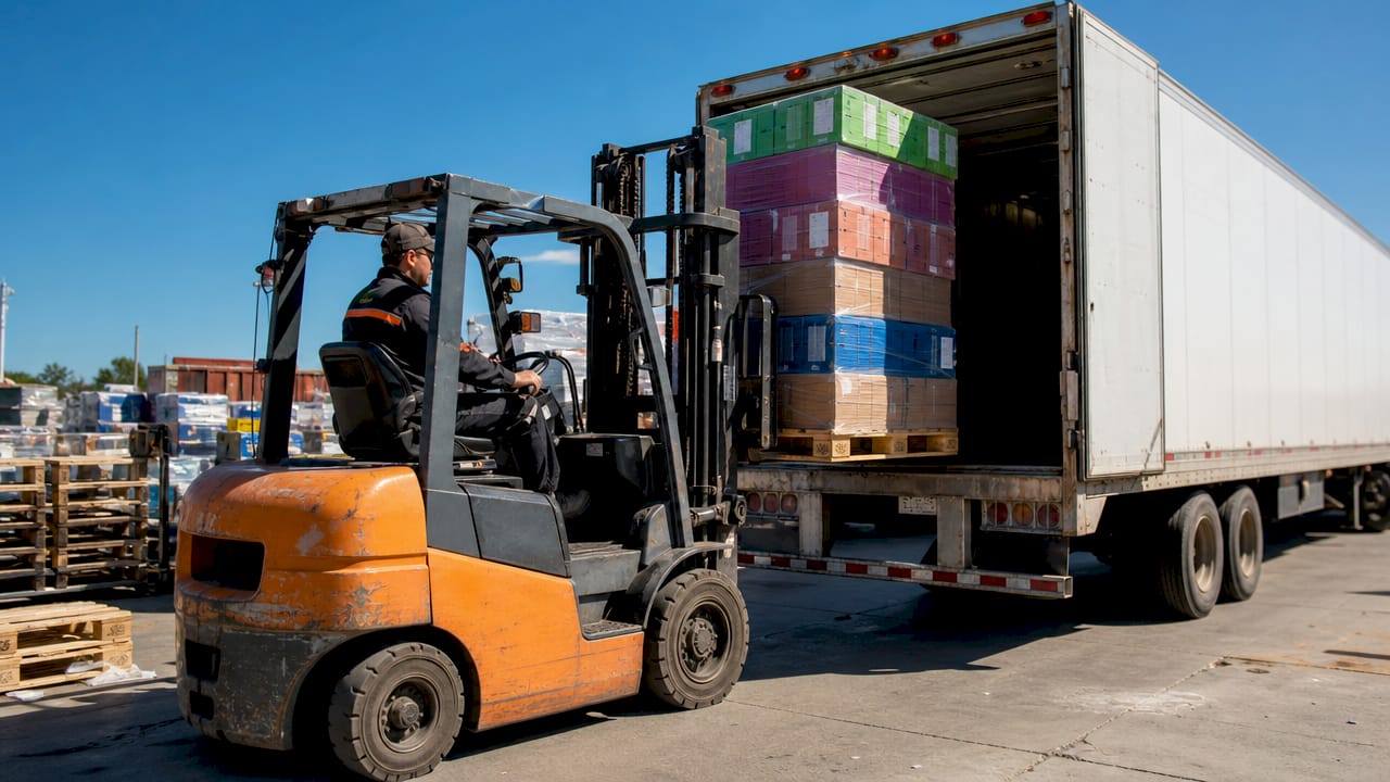 Forklift loading pallets onto truck for LTL shipping
