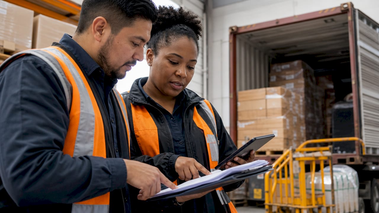 Logistics team managing freight in warehouse
