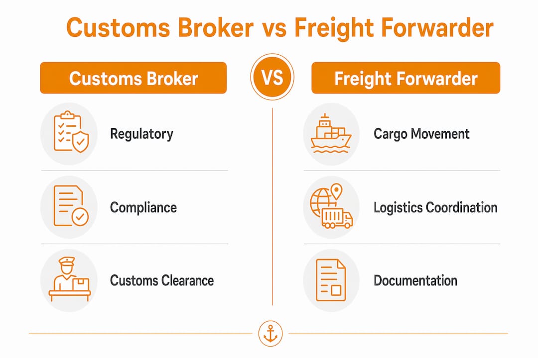 Infographic comparing customs broker and freight forwarder roles