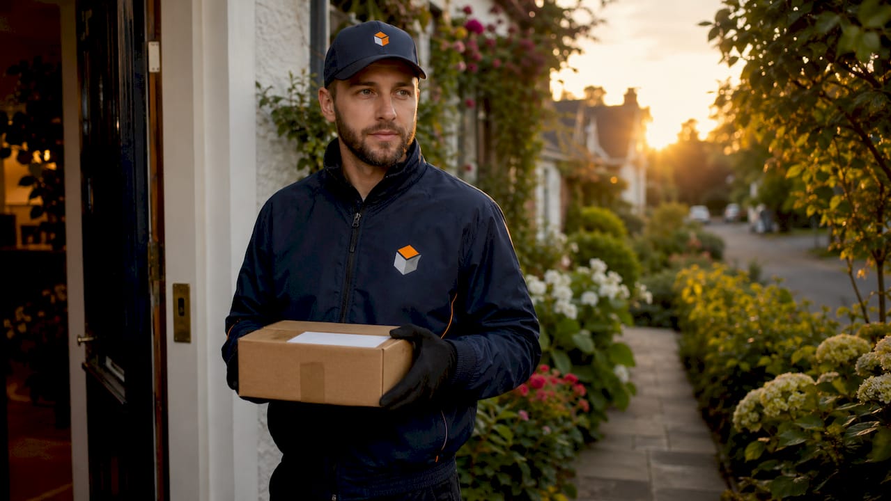 Courier delivering package to home doorstep