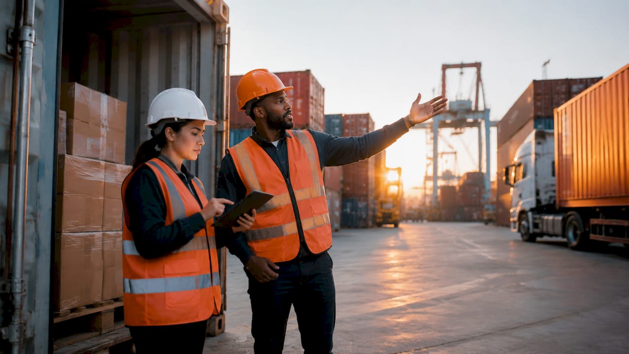 Workers coordinating cargo consolidation at warehouse dock