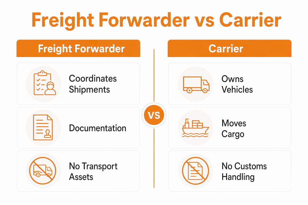 Infographic comparing freight forwarder and carrier roles