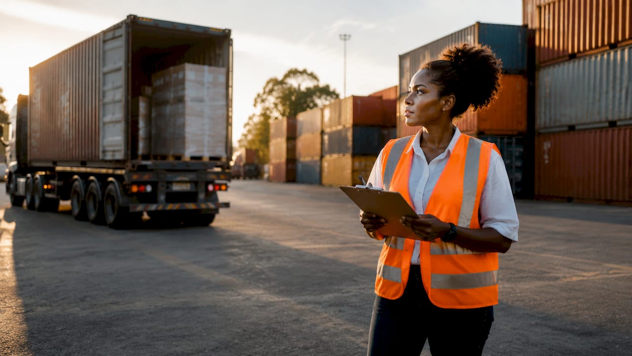 Woman managing freight cargo at warehouse dock