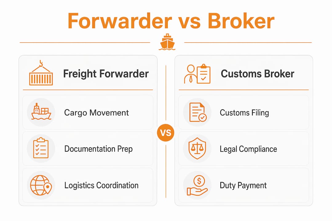 Infographic comparing freight forwarders and customs brokers