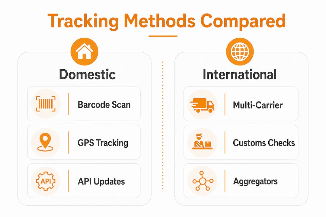 Infographic comparing domestic and international shipment tracking methods