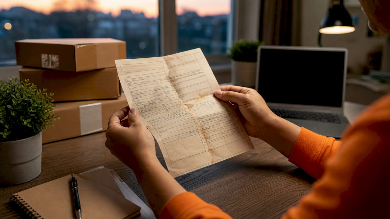 Hands inspecting customs paperwork with magnifier