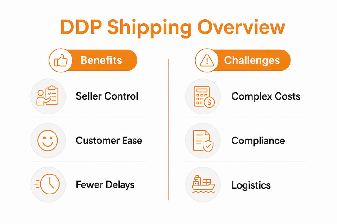 Infographic comparing benefits and challenges of DDP shipping