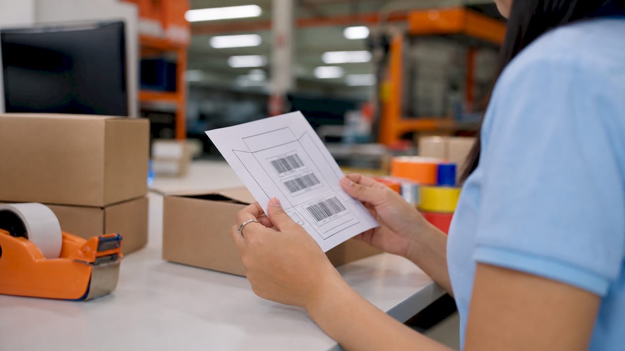 Hands preparing Amazon FBA shipment label diagram