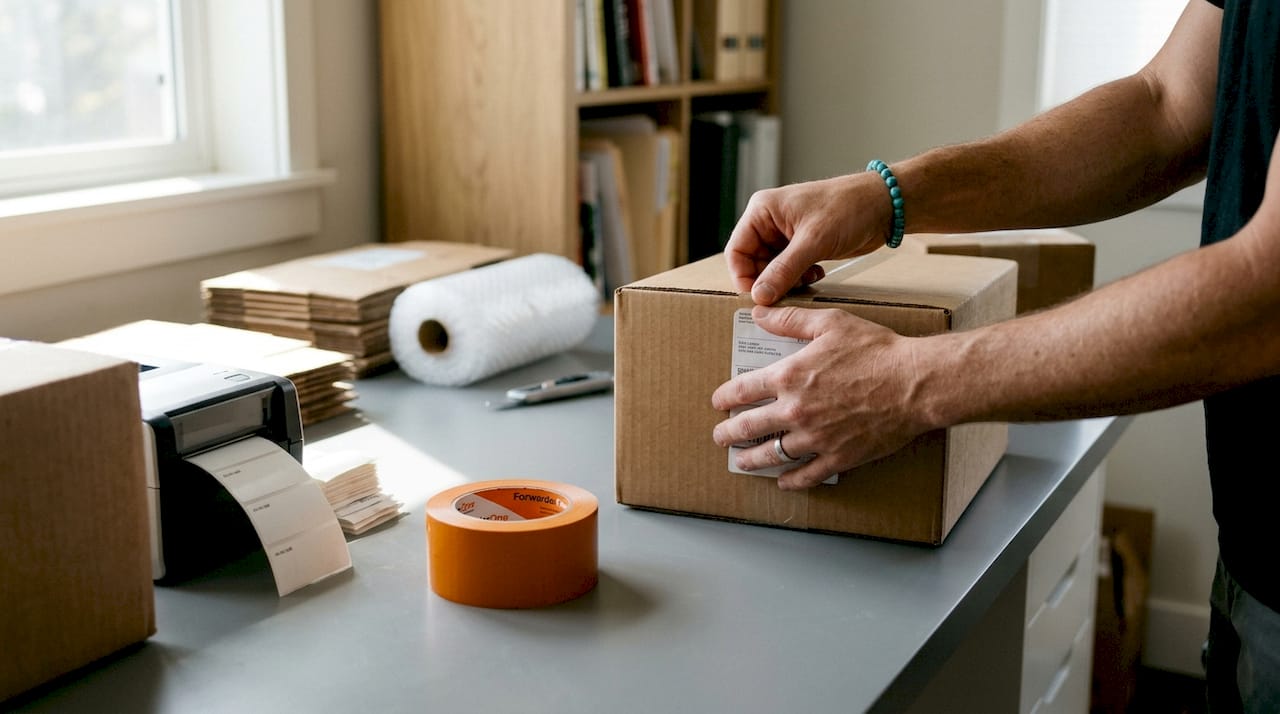 Hands packing and labeling Amazon FBA shipment box