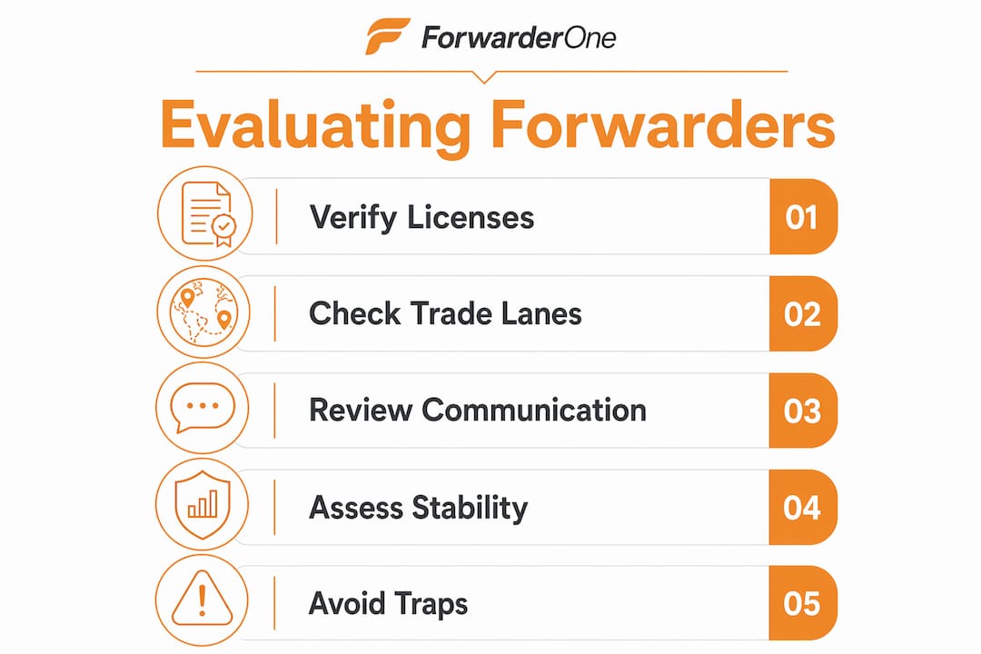 Infographic showing steps to evaluate freight forwarders