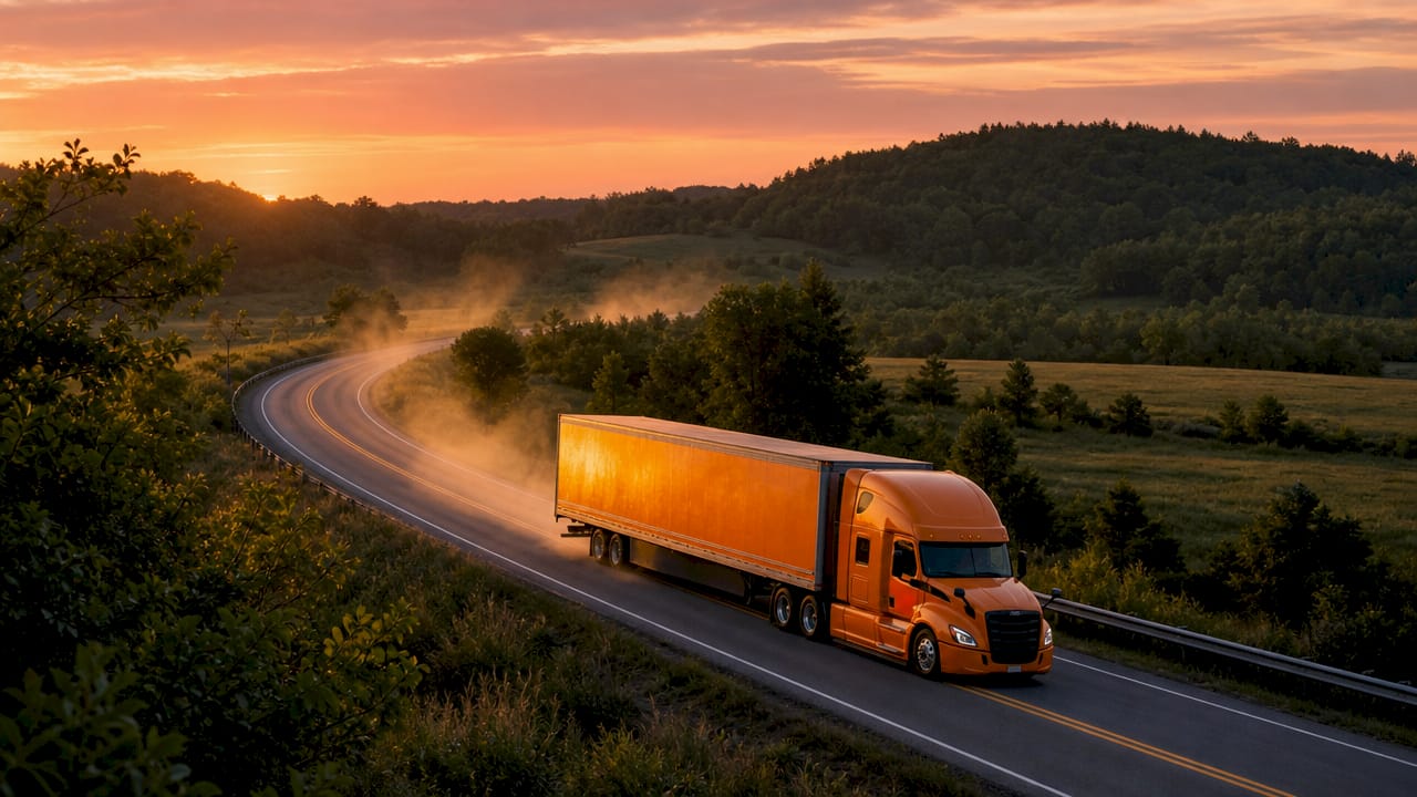 Orange express freight truck on highway