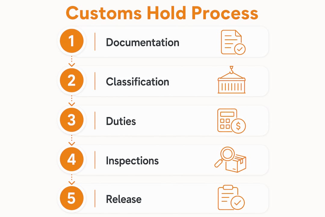 Infographic showing customs hold steps and reasons