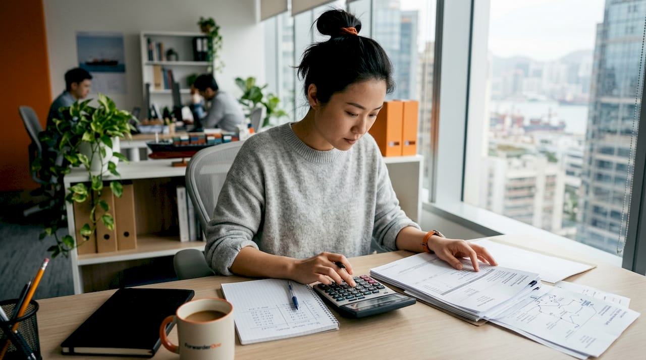 Hands calculating air freight shipping costs with calculator