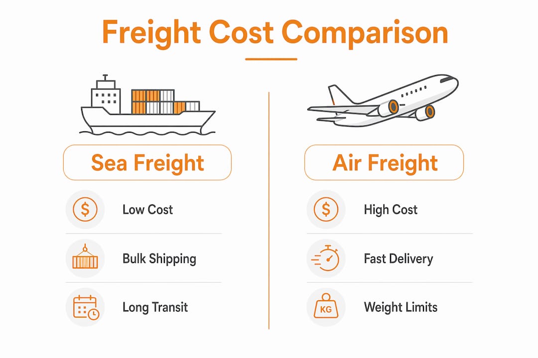 Infographic comparing sea freight and air freight cost factors
