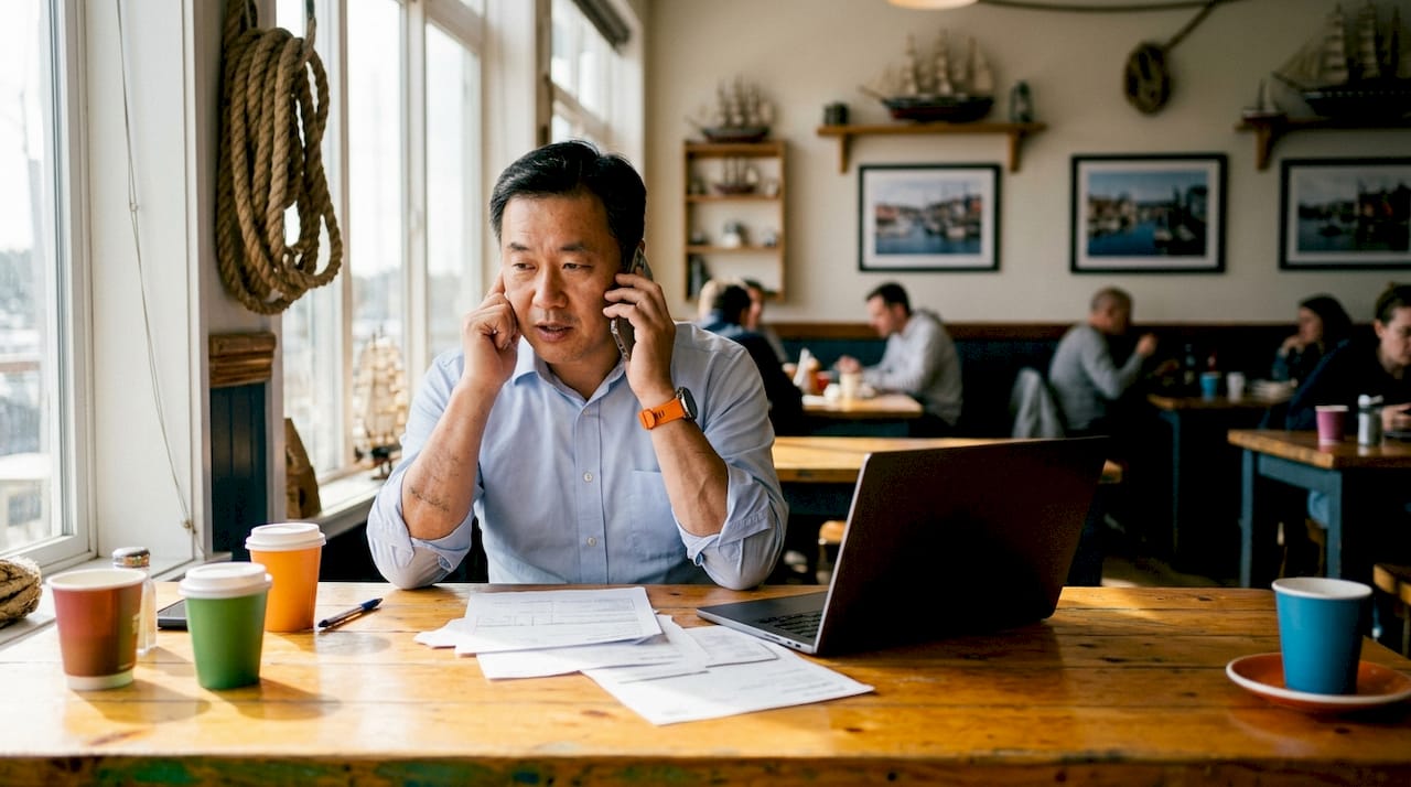 Man on phone making freight sales call
