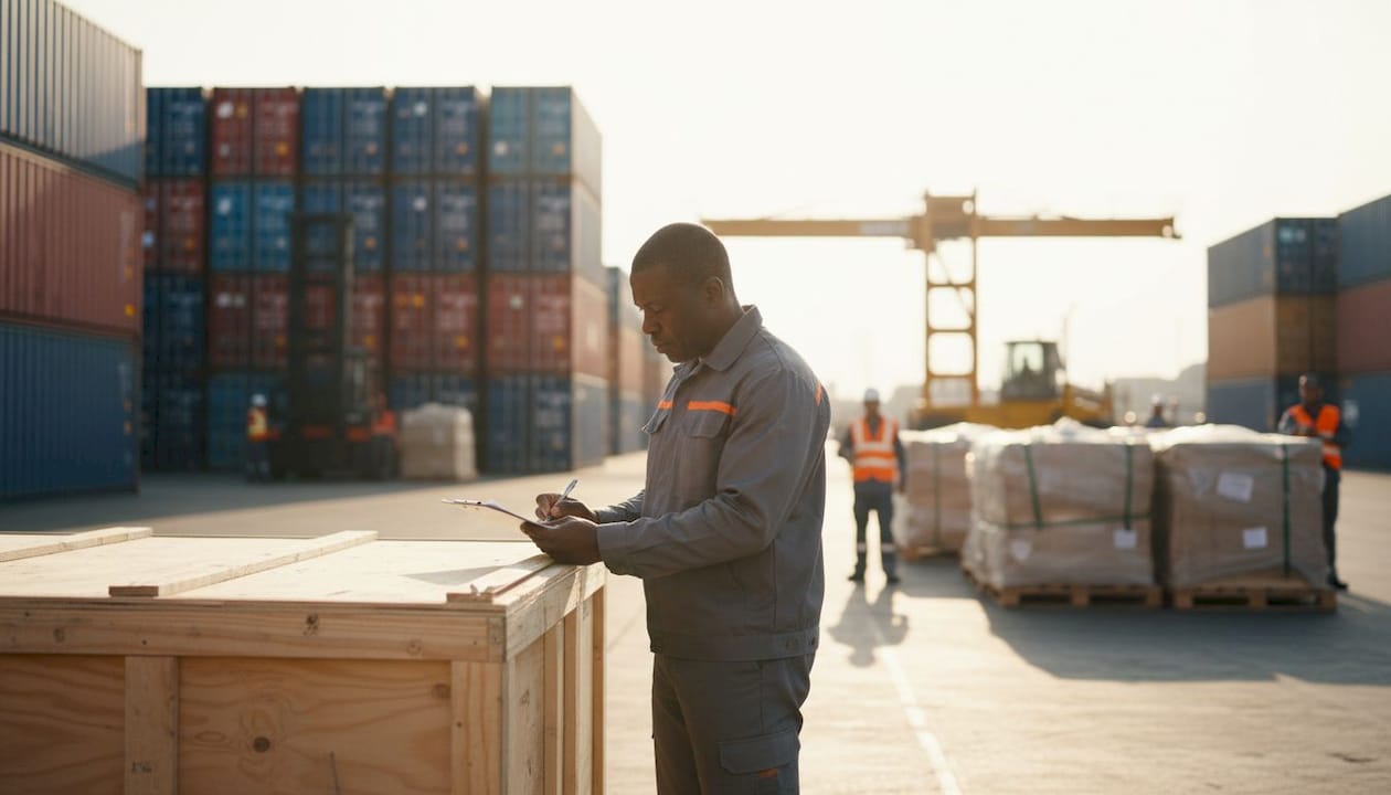 Supervisor measuring cargo dimensions in warehouse