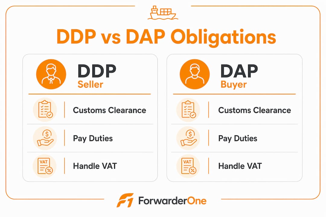 Comparison infographic of DDP versus DAP responsibilities