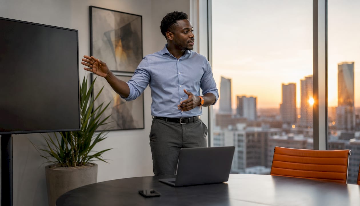 Man explaining carrier liability vs insurance in office