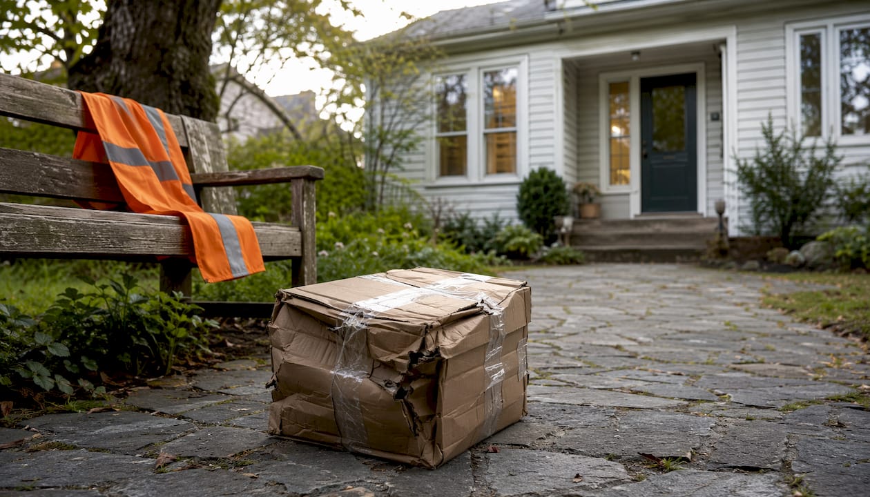Crushed damaged shipment box on porch
