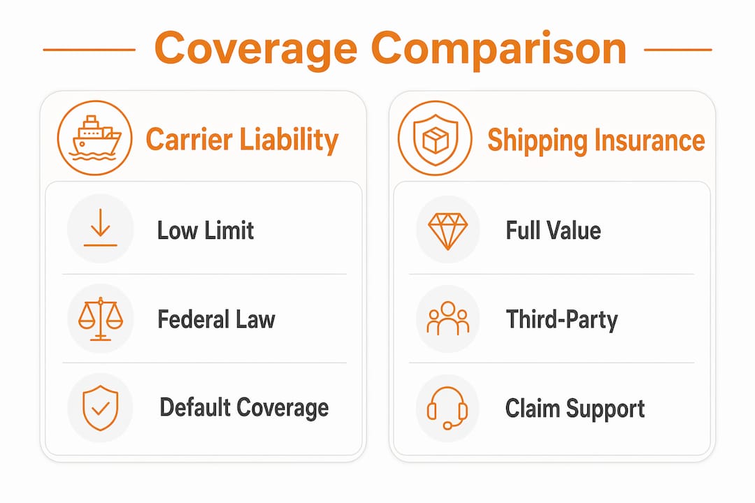 Infographic comparing carrier liability and shipping insurance coverage