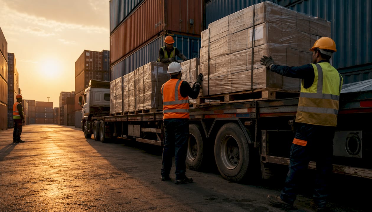 Close-up of workers loading consolidated pallets onto truck