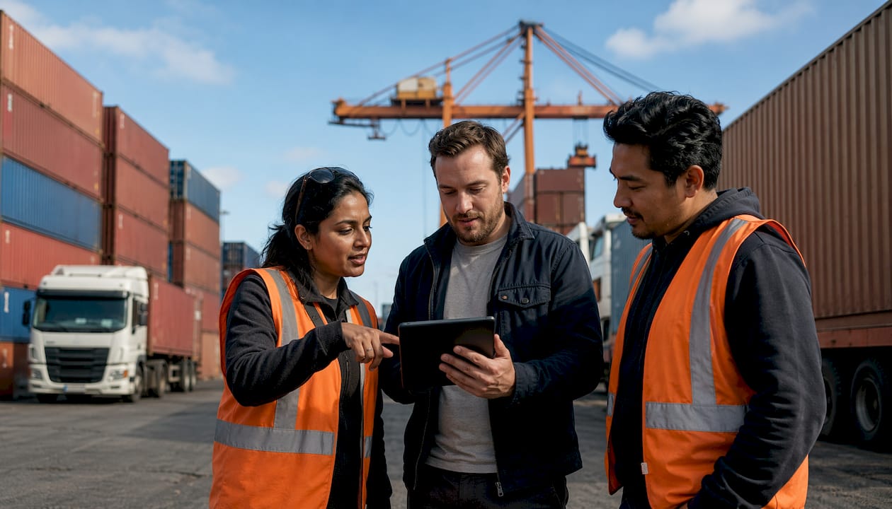 Freight forwarders discussing cargo insurance outside