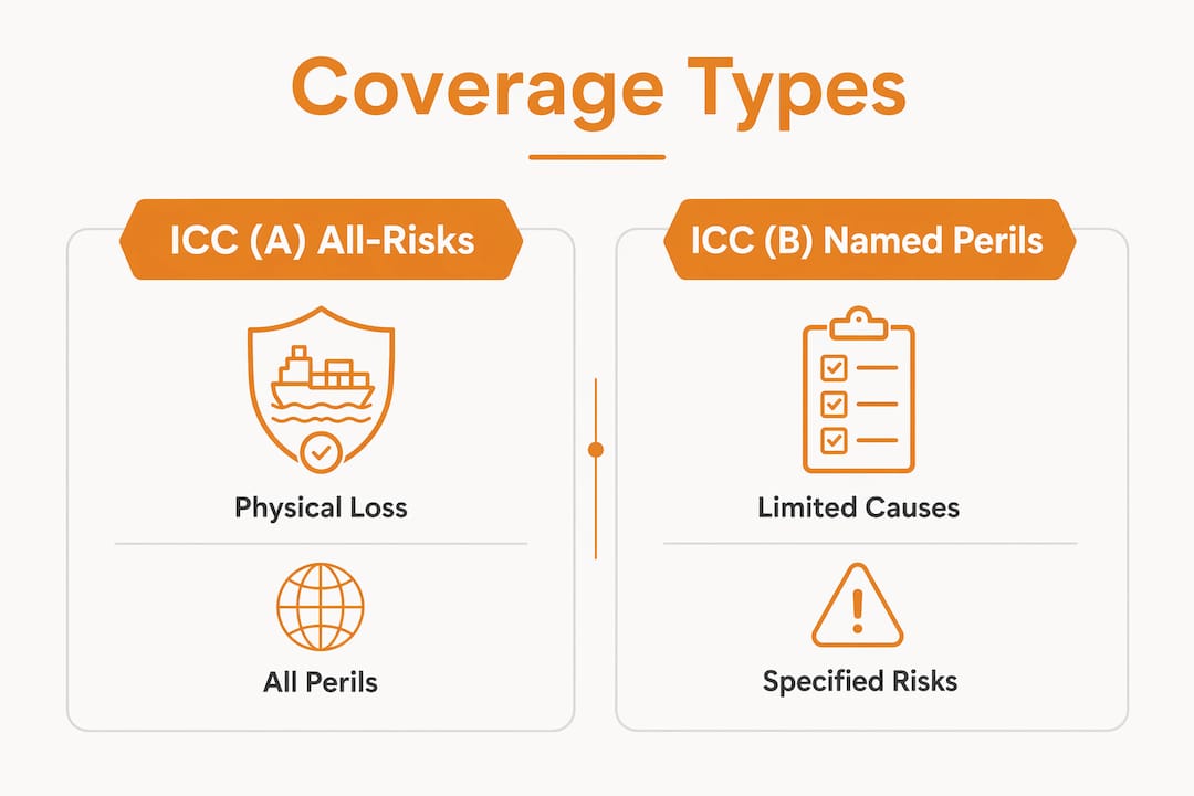 Infographic comparing ICC (A) and ICC (B) cargo insurance coverage