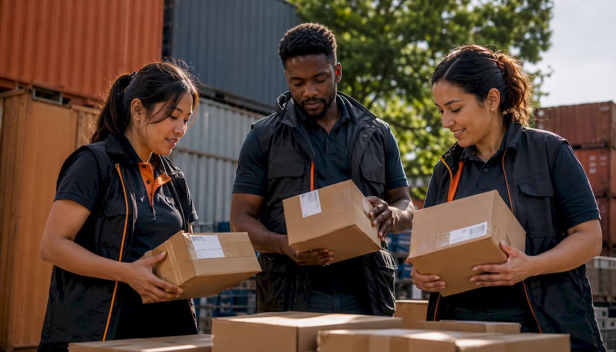 Logistics team sorting courier packages for shipping