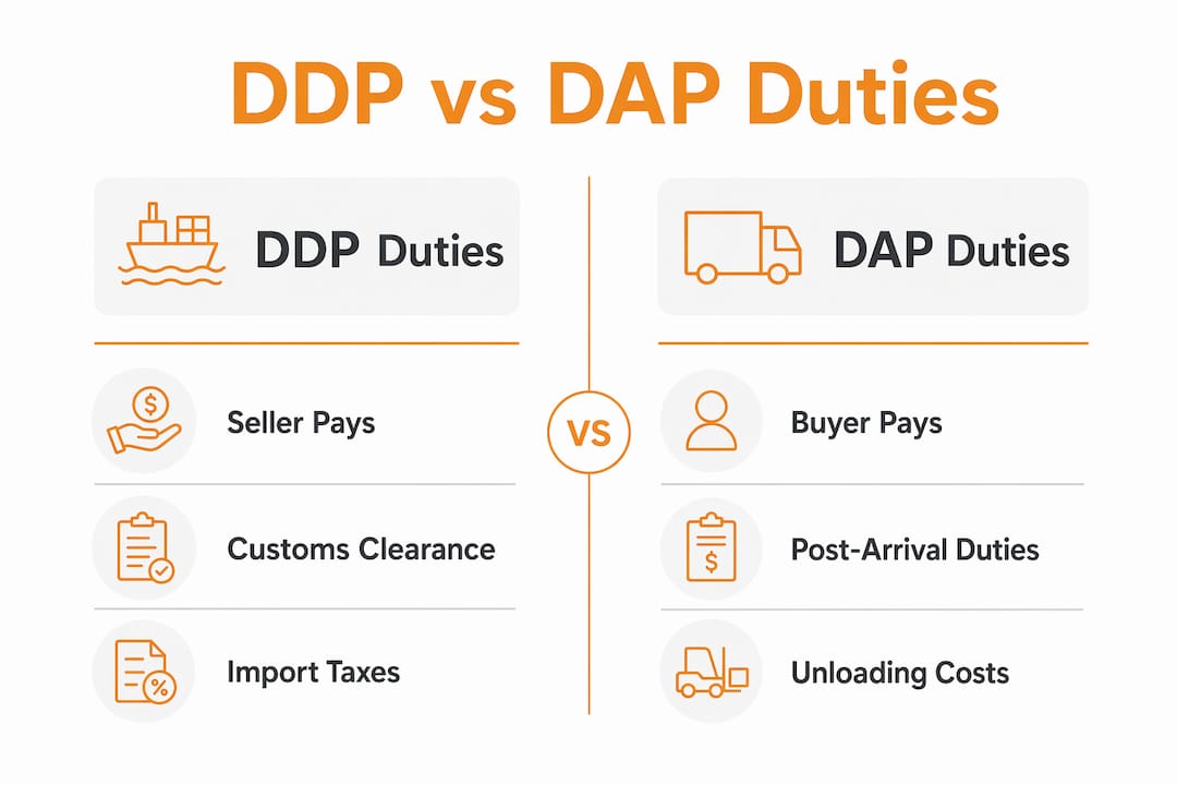 Infographic comparing DDP and DAP duty responsibilities