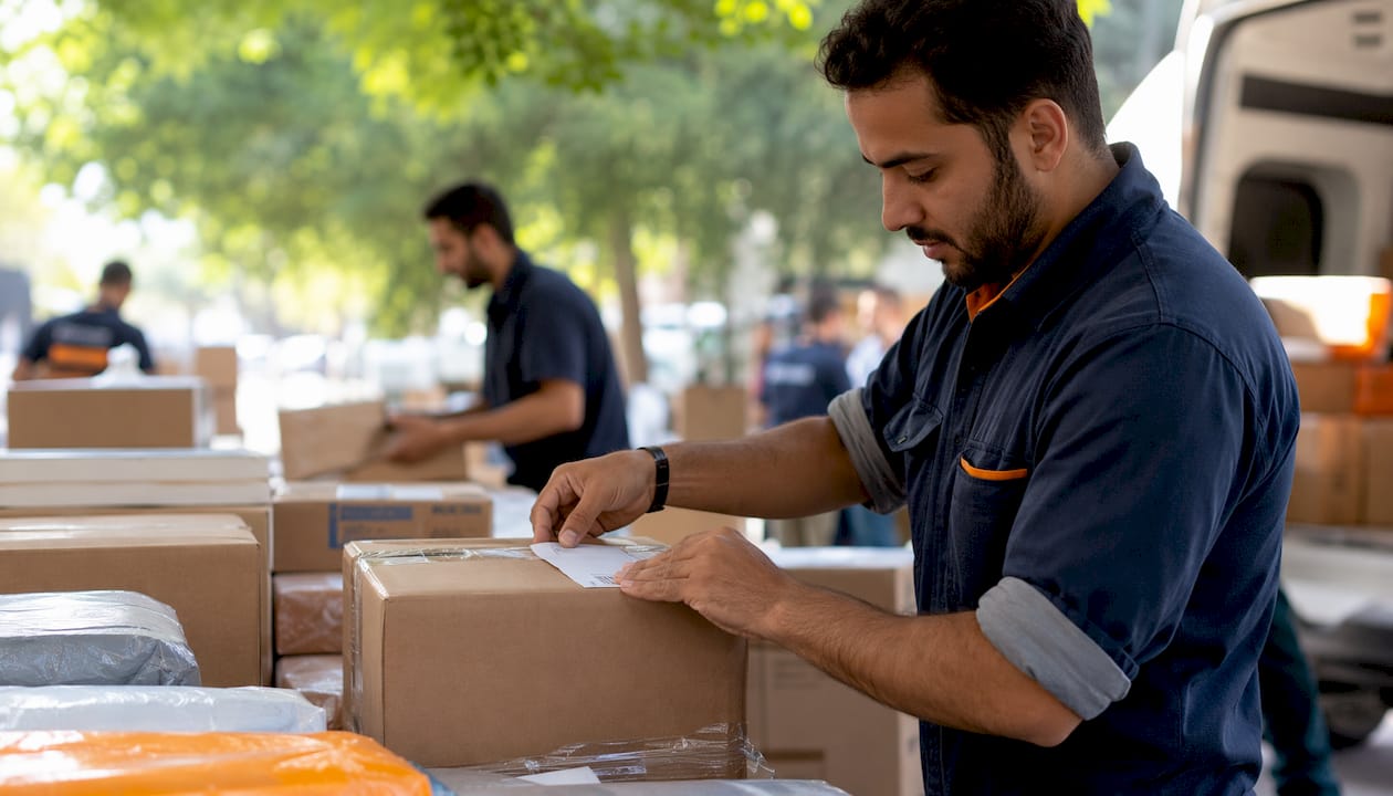 Hands labeling parcel in courier warehouse