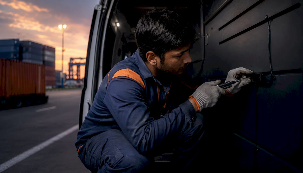 Technician installing cellular IoT tracker in van